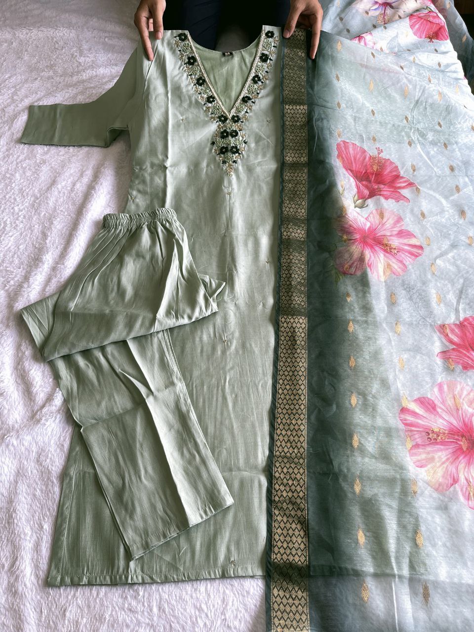 Wedding Wear Pista Color Roman Silk Hand Work Salwar Suit