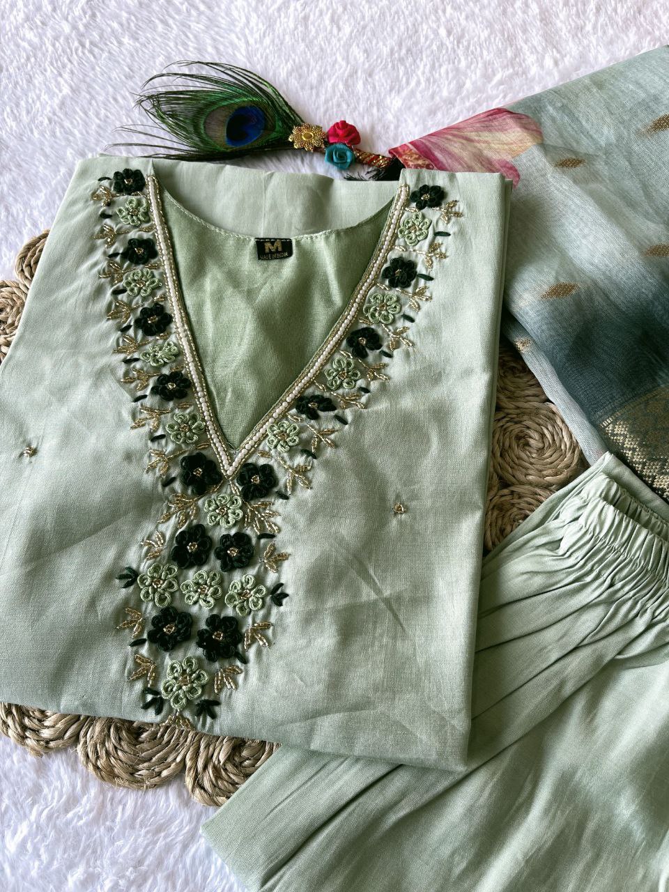 Wedding Wear Pista Color Roman Silk Hand Work Salwar Suit