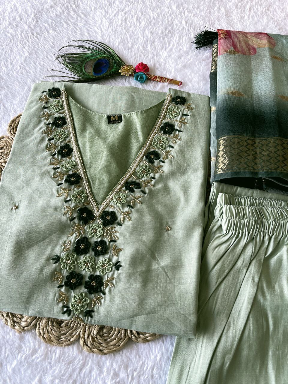 Wedding Wear Pista Color Roman Silk Hand Work Salwar Suit