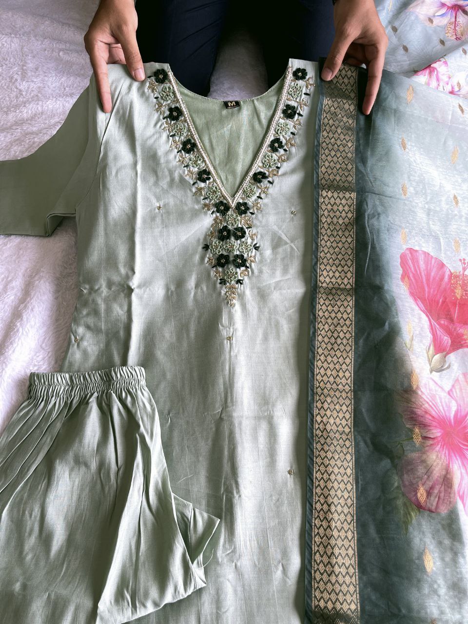 Wedding Wear Pista Color Roman Silk Hand Work Salwar Suit