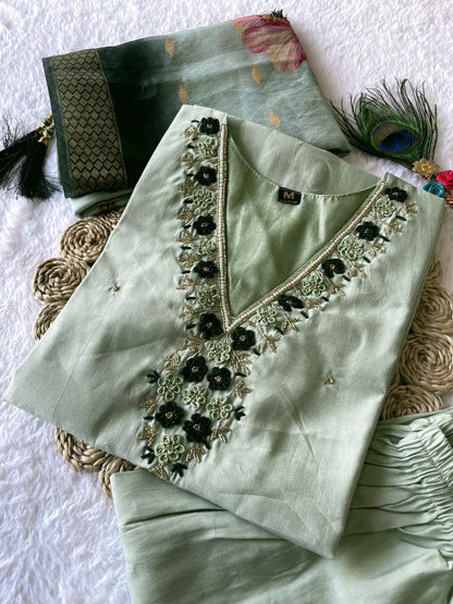 Wedding Wear Pista Color Roman Silk Hand Work Salwar Suit