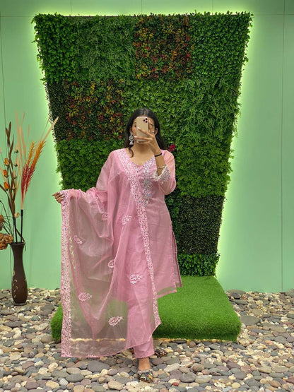 Wedding Wear Organza Mirror Embroidery Work Salwar Suit
