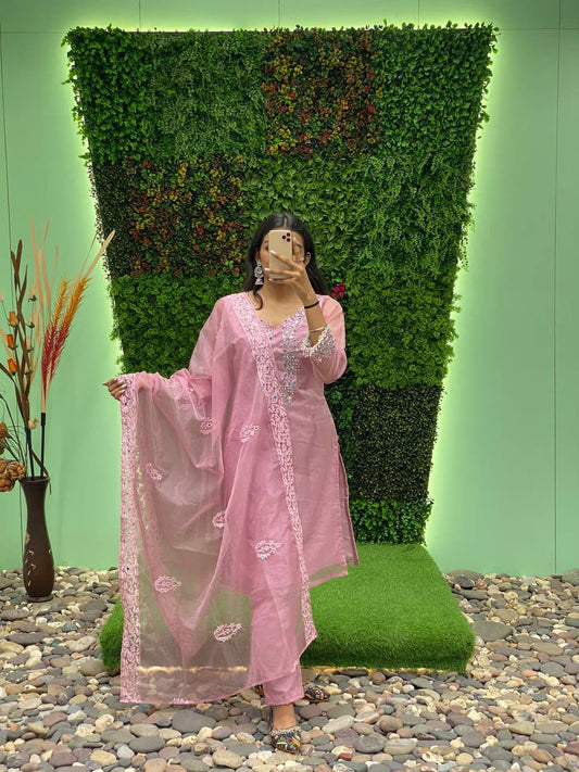Wedding Wear Organza Mirror Embroidery Work Salwar Suit