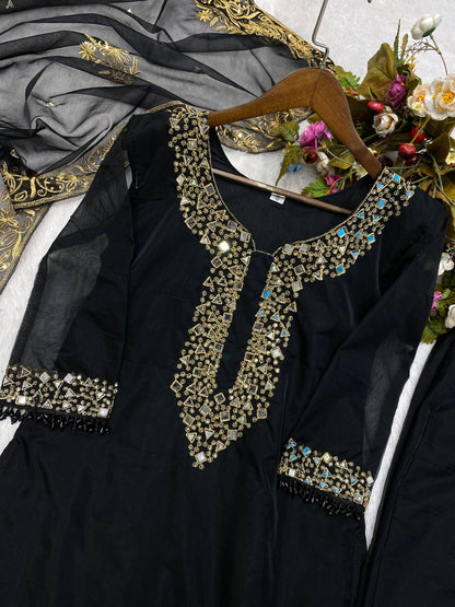 Wedding Wear Organza Mirror Embroidery Work Salwar Suit