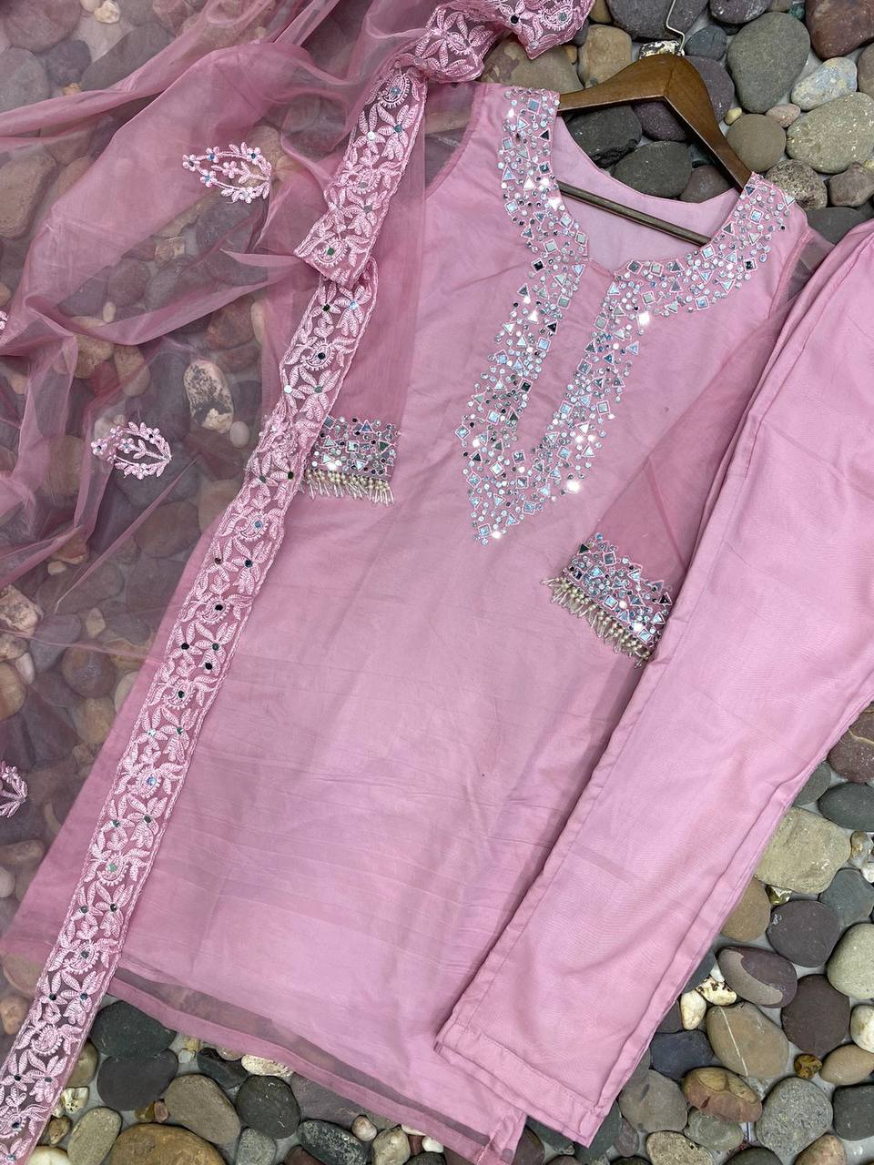 Wedding Wear Organza Mirror Embroidery Work Salwar Suit