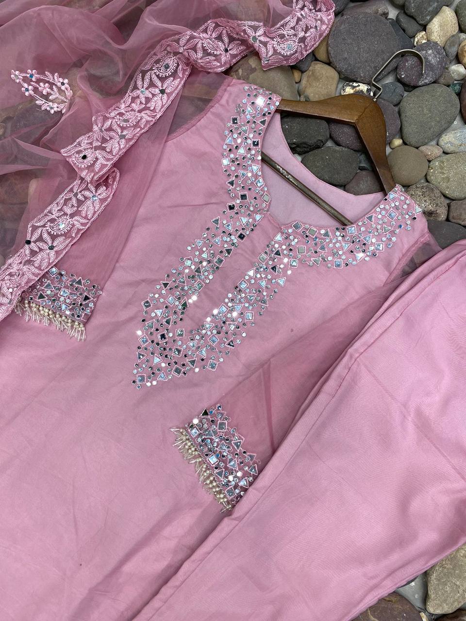 Wedding Wear Organza Mirror Embroidery Work Salwar Suit