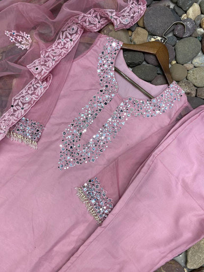 Wedding Wear Organza Mirror Embroidery Work Salwar Suit