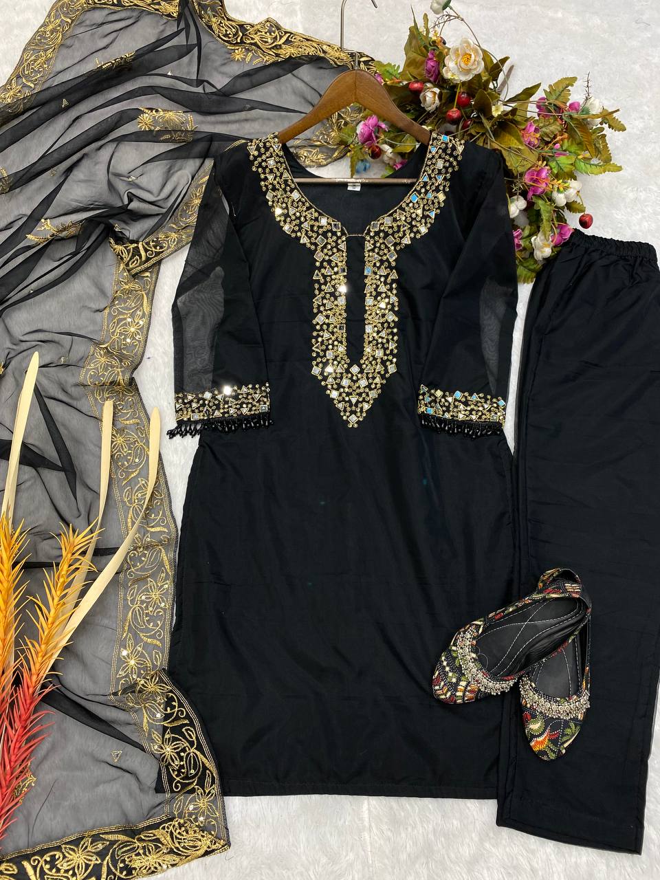 Wedding Wear Organza Mirror Embroidery Work Salwar Suit