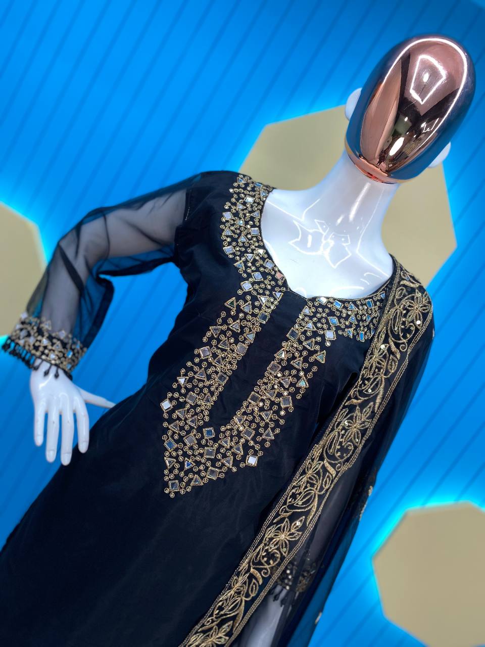 Wedding Wear Organza Mirror Embroidery Work Salwar Suit