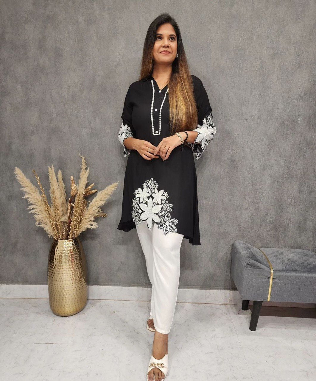 Stylish Embroidered Asymmetric High-Low Kurta with Pant