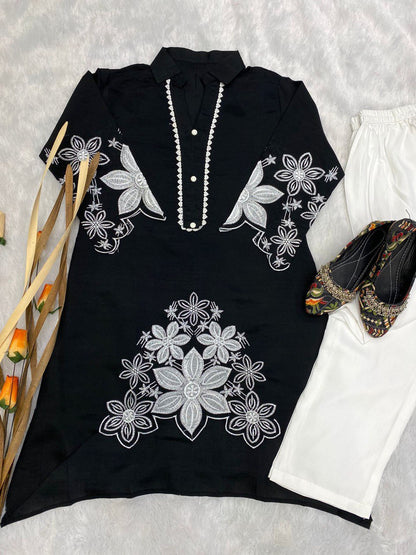 Stylish Embroidered Asymmetric High-Low Kurta with Pant
