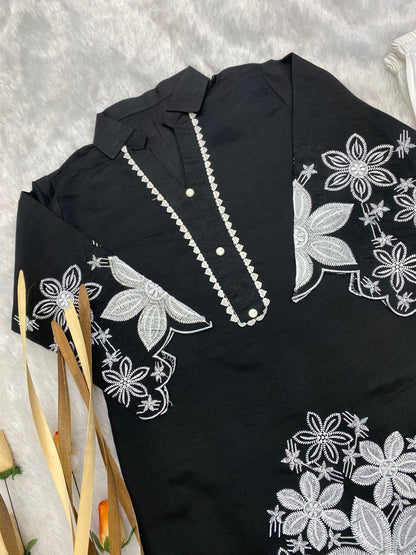 Stylish Embroidered Asymmetric High-Low Kurta with Pant