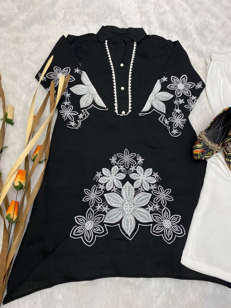 Stylish Embroidered Asymmetric High-Low Kurta with Pant