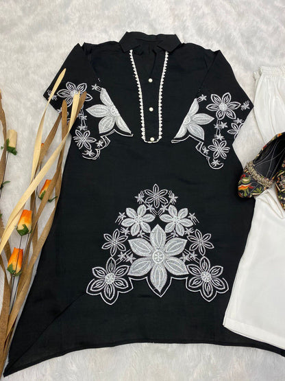 Stylish Embroidered Asymmetric High-Low Kurta with Pant