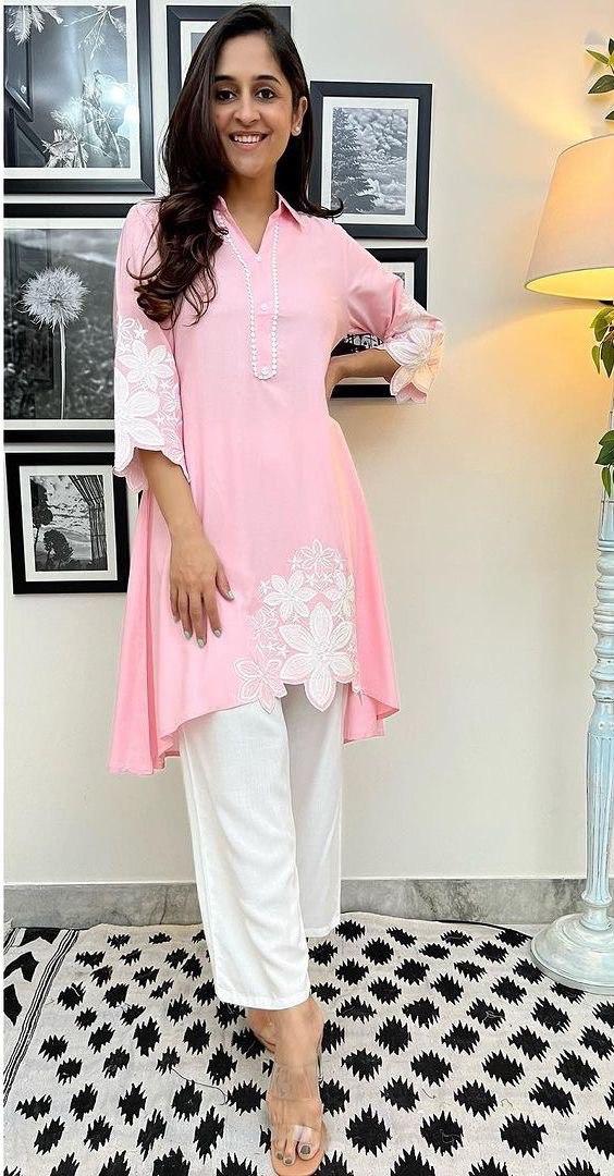 Stylish Embroidered Asymmetric High-Low Kurta with Pant
