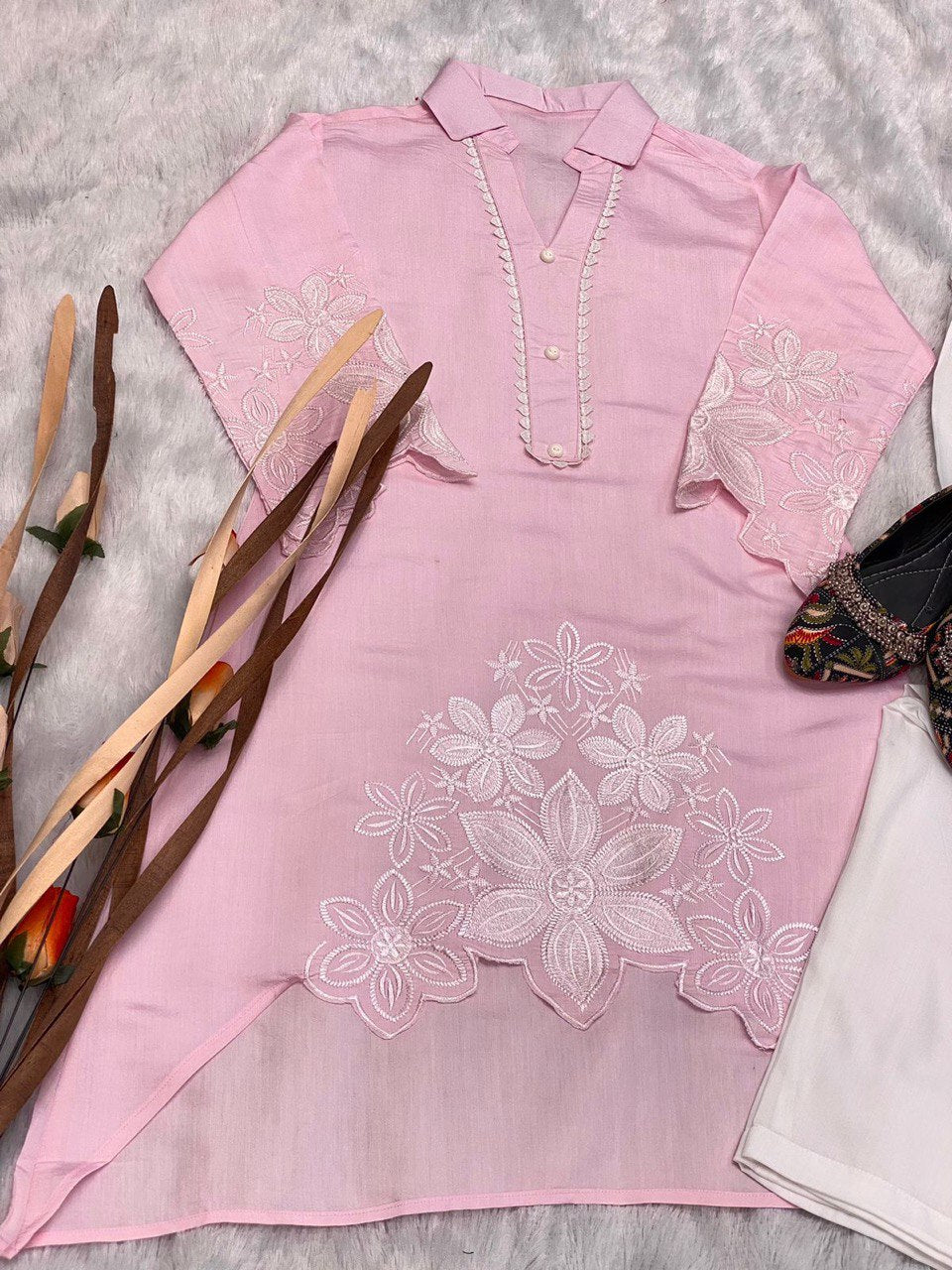 Stylish Embroidered Asymmetric High-Low Kurta with Pant