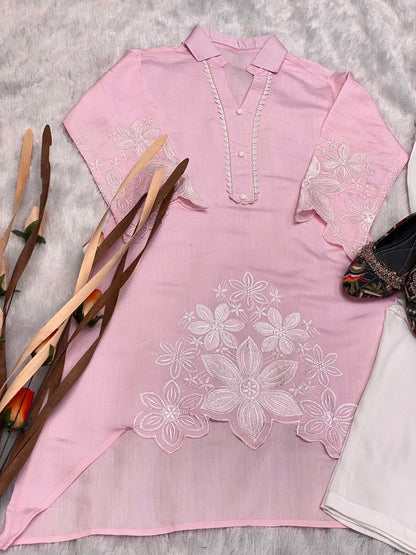 Stylish Embroidered Asymmetric High-Low Kurta with Pant