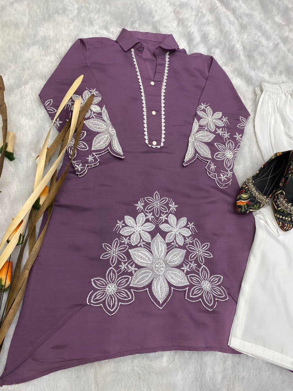 Stylish Embroidered Asymmetric High-Low Kurta with Pant