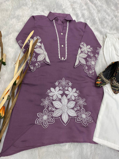 Stylish Embroidered Asymmetric High-Low Kurta with Pant