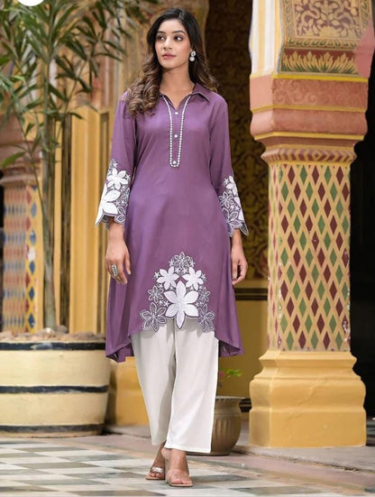Stylish Embroidered Asymmetric High-Low Kurta with Pant