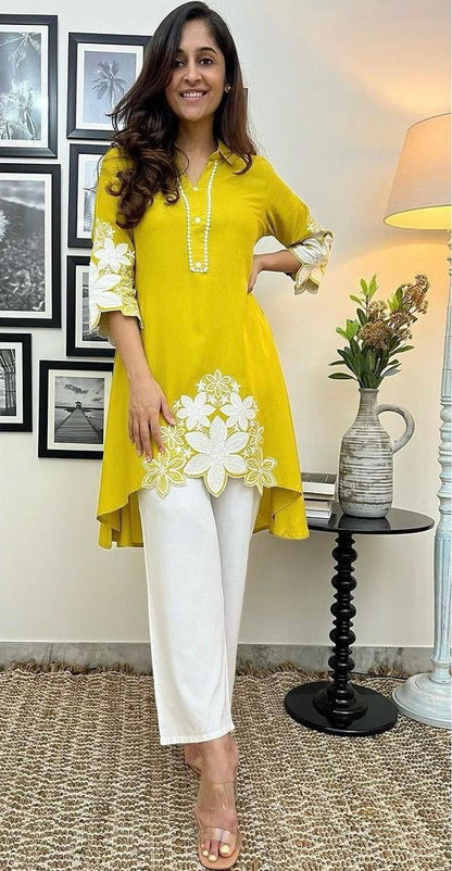 Stylish Embroidered Asymmetric High-Low Kurta with Pant