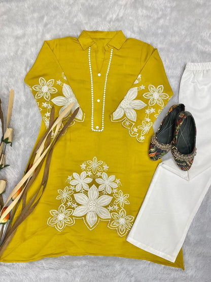 Stylish Embroidered Asymmetric High-Low Kurta with Pant
