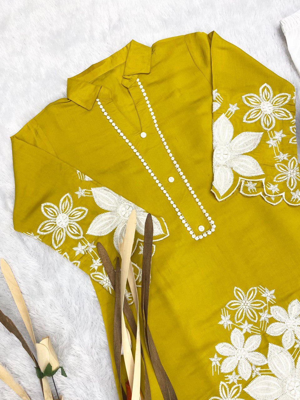 Stylish Embroidered Asymmetric High-Low Kurta with Pant