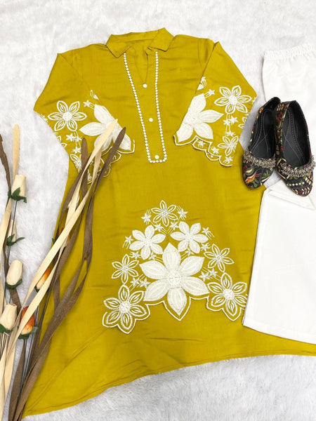 Stylish Embroidered Asymmetric High-Low Kurta with Pant