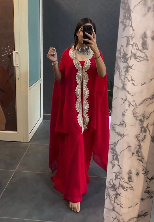 Attractive Red Color Co Ord Set With Cording Embroidery Work