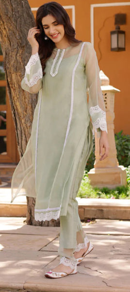 Attractive Designer Organza With Cotton Thread Embroidery Work Top - Bottom And Dupatta