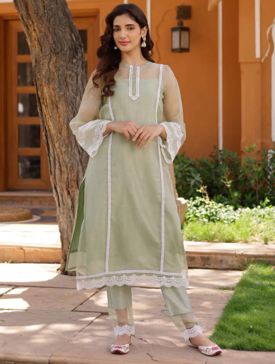 Attractive Designer Organza With Cotton Thread Embroidery Work Top - Bottom And Dupatta