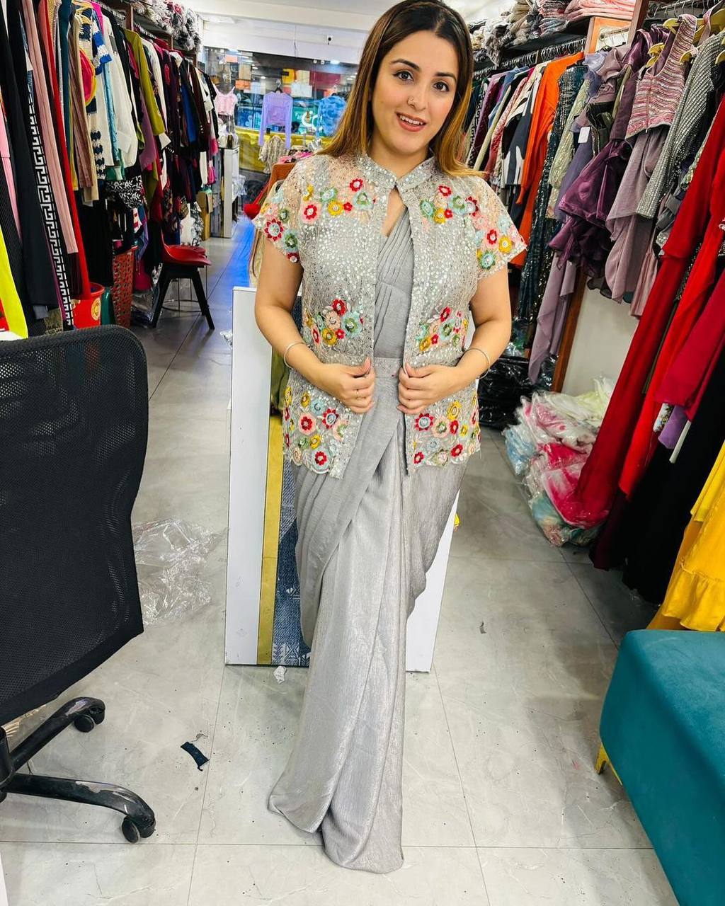 Ready To Wear Chinon Silk Sequence Work Koti Lehenga Saree