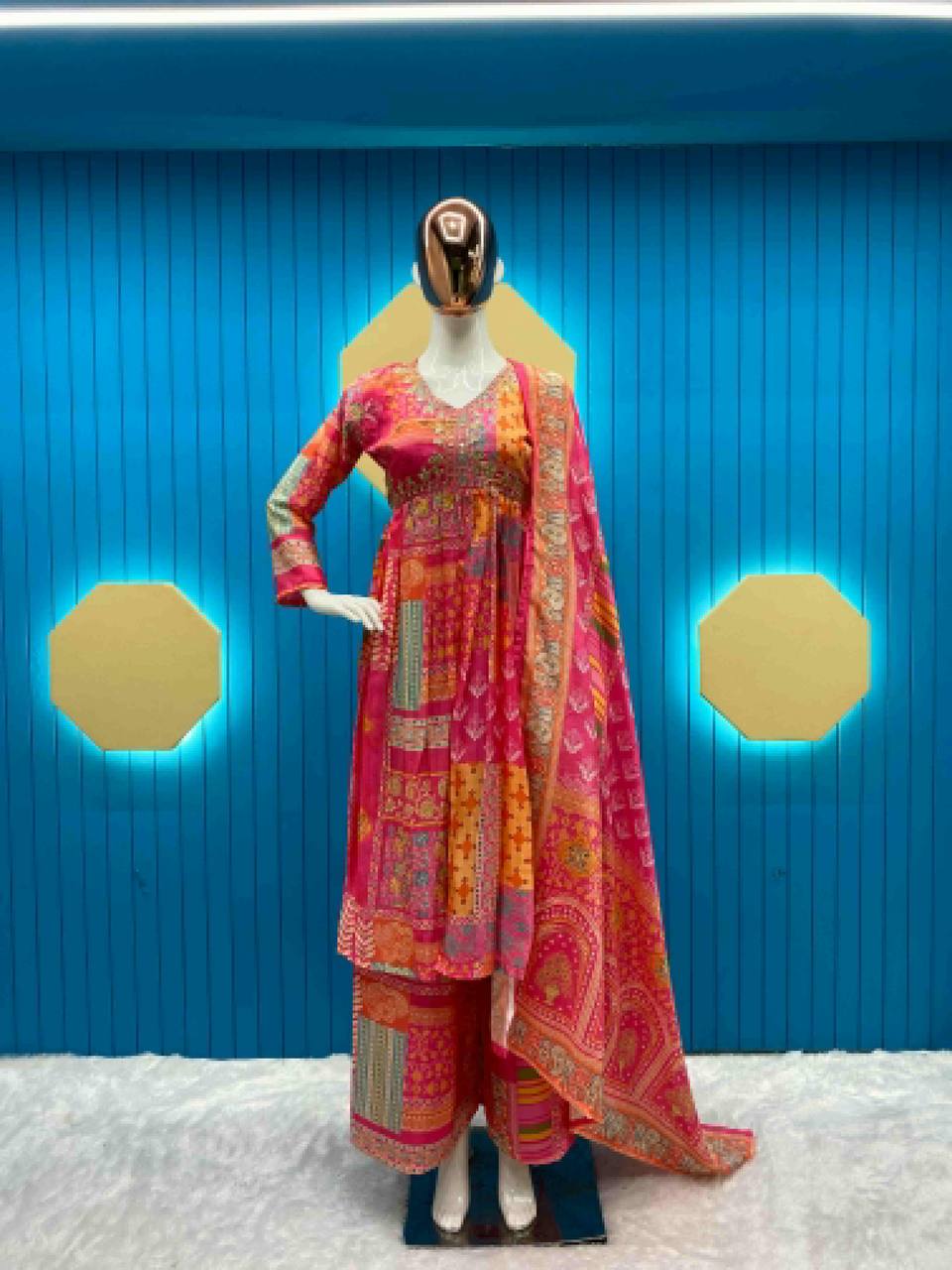 Dazzling Pink Color Chinon Sequence Embroidered Work Ready Made Salwar Suit