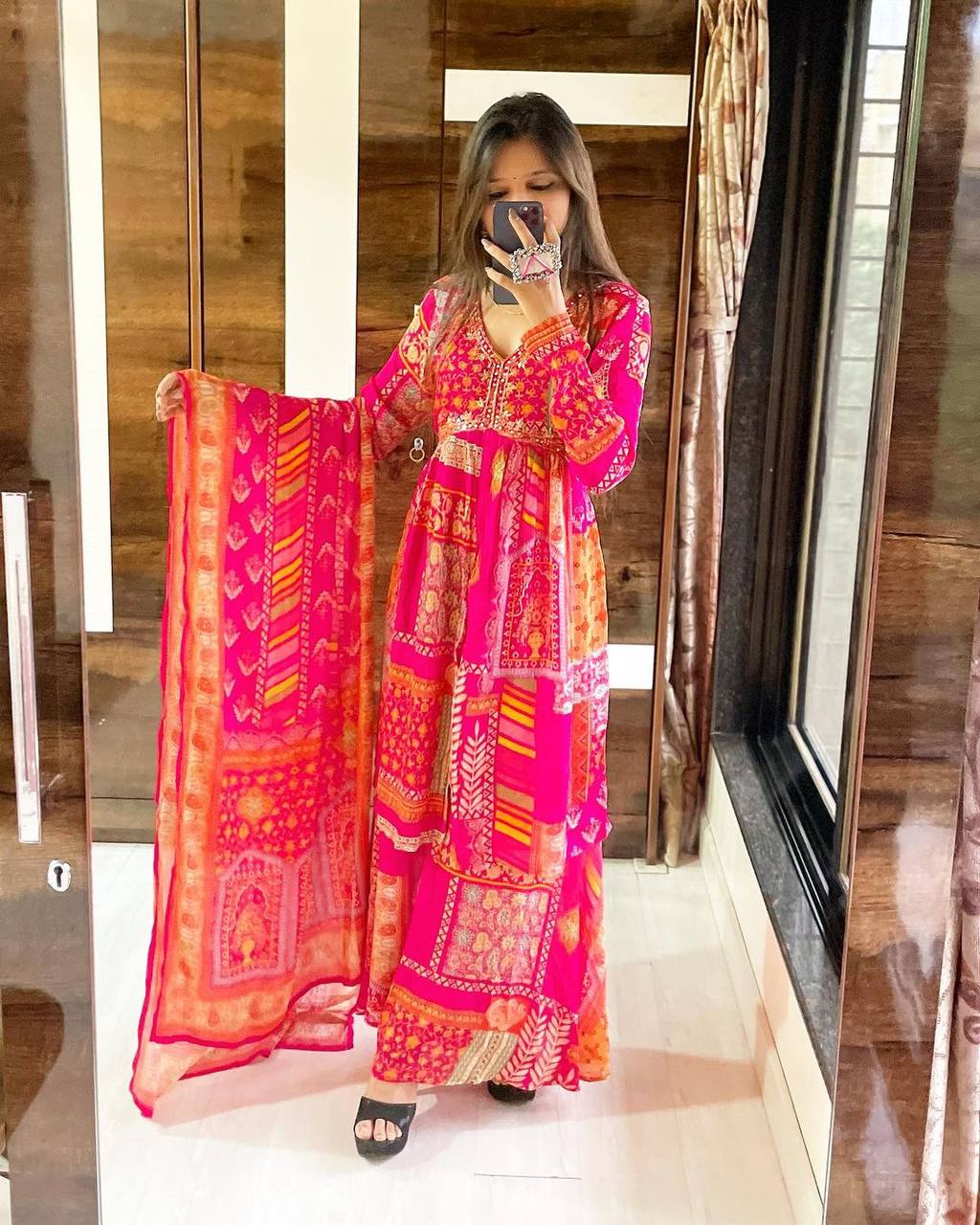 Dazzling Pink Color Chinon Sequence Embroidered Work Ready Made Salwar Suit