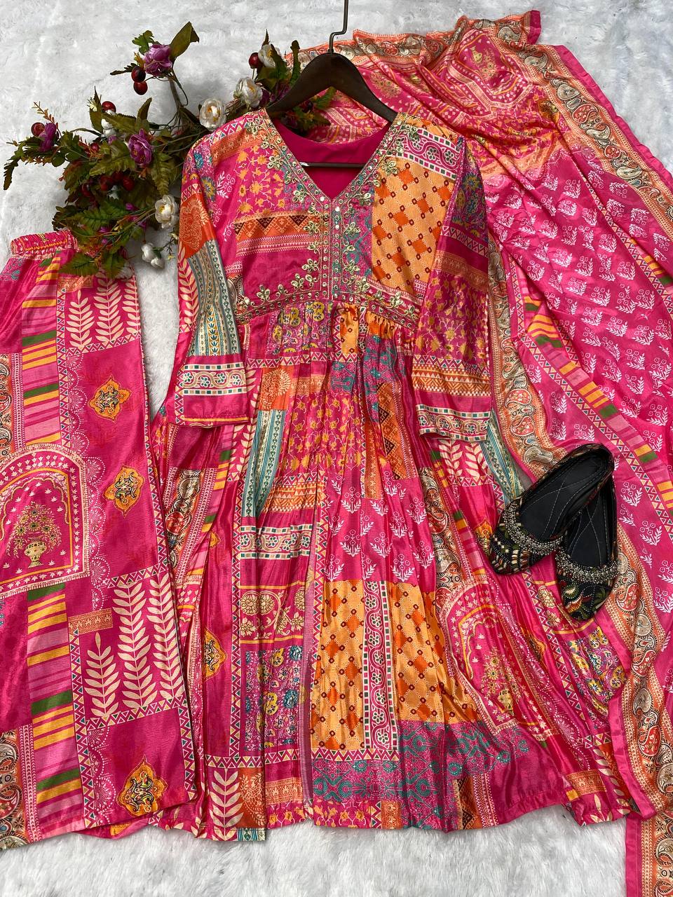 Dazzling Pink Color Chinon Sequence Embroidered Work Ready Made Salwar Suit
