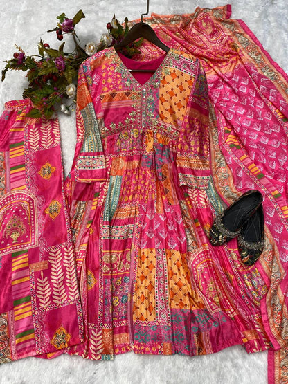 Dazzling Pink Color Chinon Sequence Embroidered Work Ready Made Salwar Suit