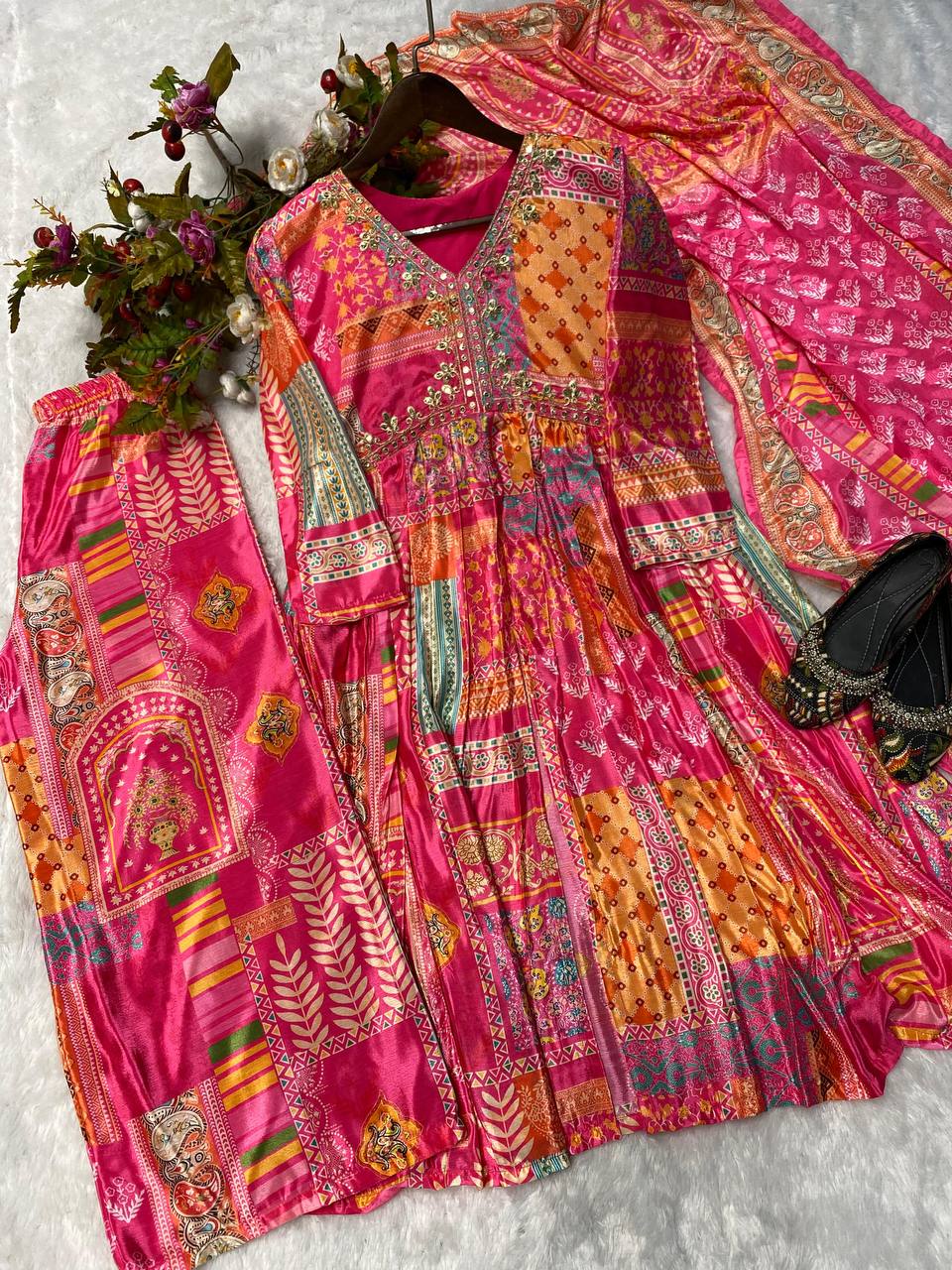 Dazzling Pink Color Chinon Sequence Embroidered Work Ready Made Salwar Suit