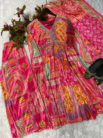 Dazzling Pink Color Chinon Sequence Embroidered Work Ready Made Salwar Suit