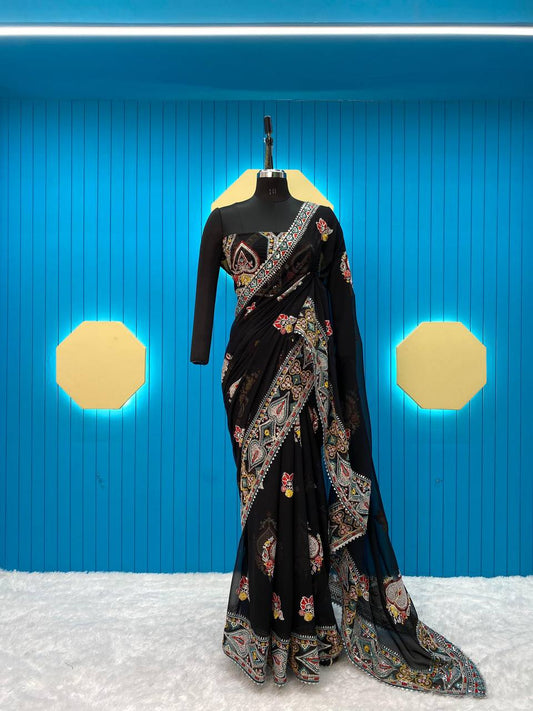 Stylish Black Color Georgette Sequene Embroidered Work Saree Blouse