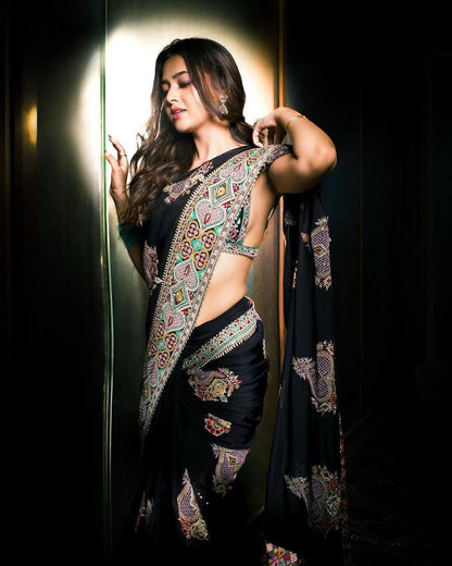 Stylish Black Color Georgette Sequene Embroidered Work Saree Blouse