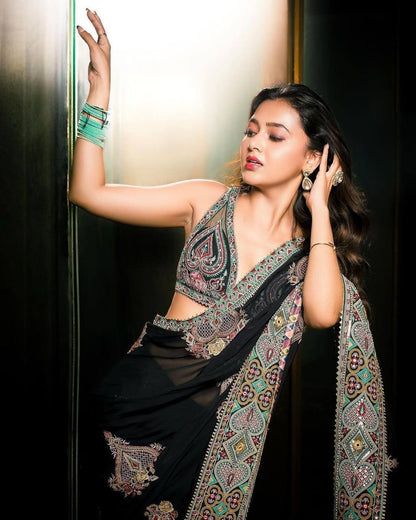 Stylish Black Color Georgette Sequene Embroidered Work Saree Blouse