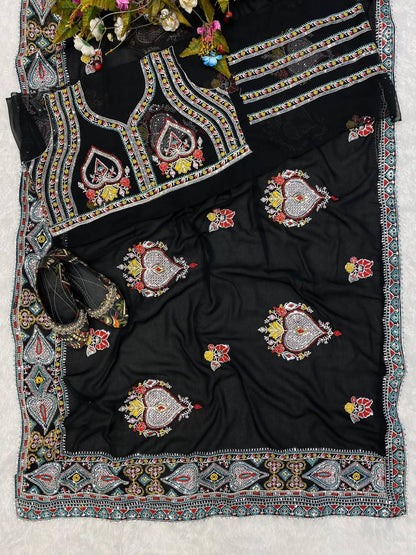 Stylish Black Color Georgette Sequene Embroidered Work Saree Blouse