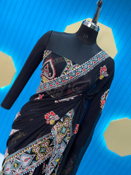 Stylish Black Color Georgette Sequene Embroidered Work Saree Blouse