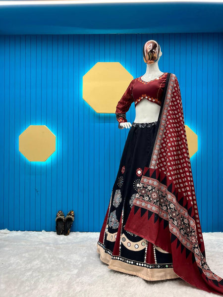 Unique Black Color Mirror Printed Rayon Lehenga Choli