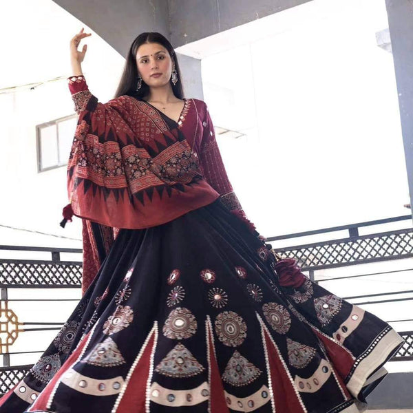 Unique Black Color Mirror Printed Rayon Lehenga Choli