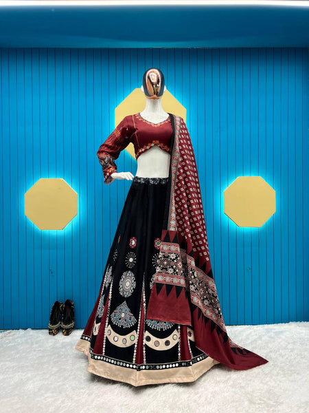 Unique Black Color Mirror Printed Rayon Lehenga Choli