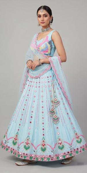 Designer Soft Butterfly Net Lehenga Choli with Real Mirror and Pearl Work - 3.5M Flare and Cancan