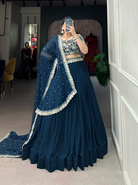 Teal Blue Georgette Lehenga Choli For Women