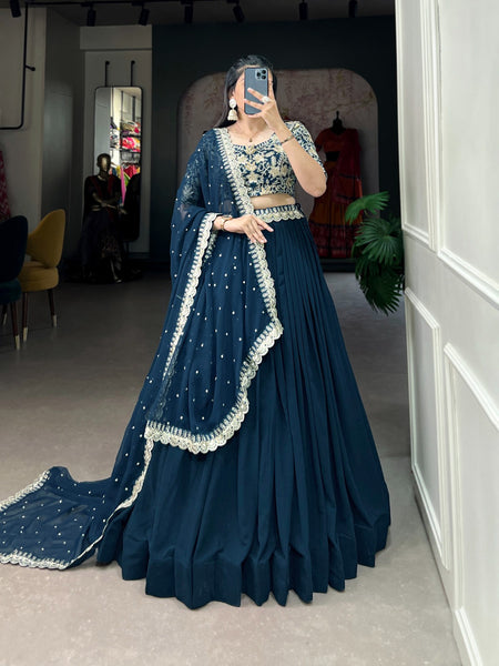 Teal Blue Georgette Lehenga Choli For Women