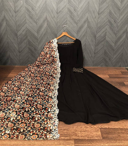 Georgette Plain Anarkali Suit In Black Color With Dupatta